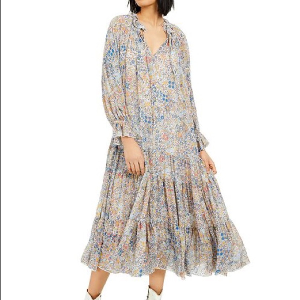 Free People Floral Tiered Maxi Dress in Cream, Blue, Pink